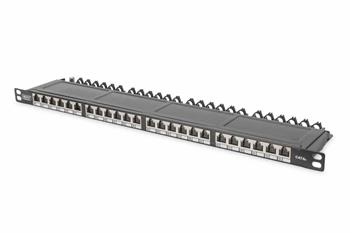 DIGITUS CAT 6A Patchovací panel třídy EA, stíněný, 0,5U 24 portů RJ45, vč. protiprachový kryt, 8P8C, černý