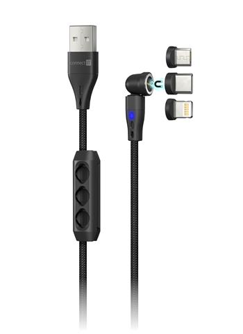 CONNECT IT Magnetic PowerLink 3in1 kabel (USB-C/Lightning/MicroUSB), 2m, ČERNÁ (CCA-2200-BK)