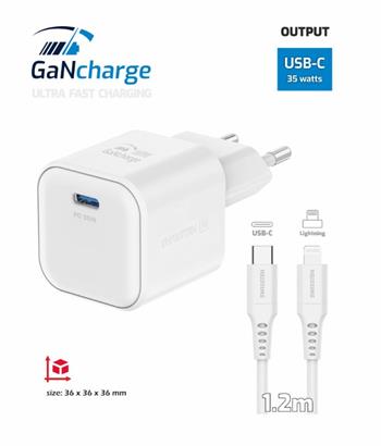 SWISSTEN SÍŤOVÝ ADAPTÉR GaN 1x USB-C 35W POWER DELIVERY BÍLÝ + DATOVÝ KABEL USB-C/LIGHTNING 1,2 M BÍLÝ (22070240)