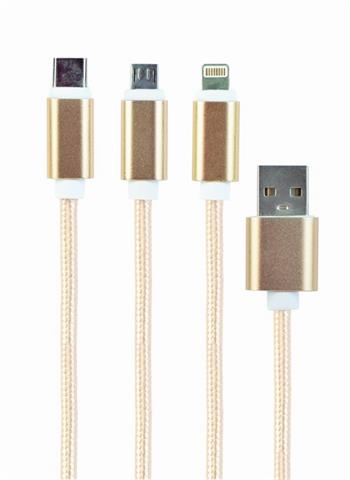 GEMBIRD CABLEXPERT Kabel USB A Male/Micro B + Type-C + Lightning, 1m, opletený, zlatý, blister (KAB051MB4)