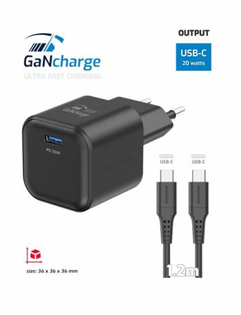 SWISSTEN SÍŤOVÝ ADAPTÉR GaN 1x USB-C 20W POWER DELIVERY ČERNÝ + DATOVÝ KABEL USB-C/USB-C 1,2 M ČERNÝ (22070130)