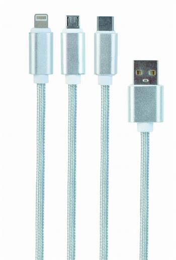 GEMBIRD CABLEXPERT Kabel USB A Male/Micro USB + Type-C + Lightning, 1m, opletený, stříbrný, blister (KAB051MB5)