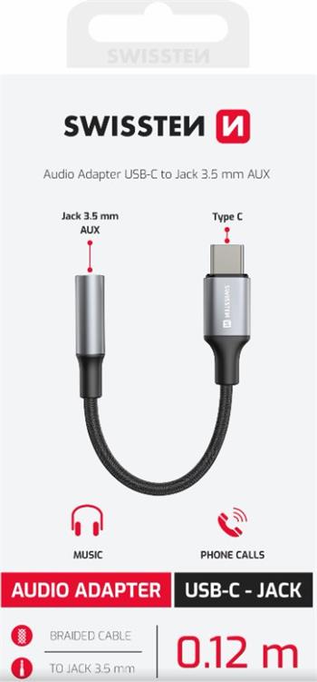 SWISSTEN AUDIO ADAPTÉR TEXTILE USB-C (samec) / 3,5mm AUX 0,15 M ČERNÝ (nahrazuje 73501301) (73502311)