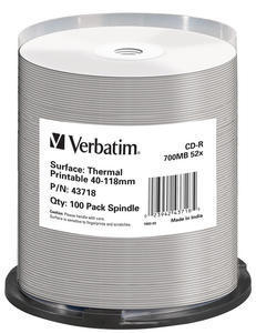 VERBATIM CD-R DataLifePlus 700MB, 52x, thermal printable, spindle 100 ks (43718)