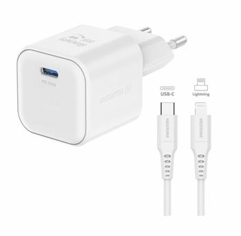 SWISSTEN SÍŤOVÝ ADAPTÉR GaN 1x USB-C 20W POWER DELIVERY BÍLÝ + DATOVÝ KABEL USB-C/LIGHTNING 1,2 M BÍLÝ (22070140)