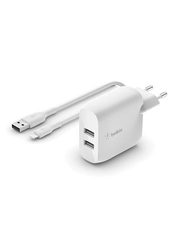 Belkin BOOST CHARGE™ Duální 24W USB-A nástěnná nabíječka + 1m lightning kabel, bílá (WCD001vf1MWH)