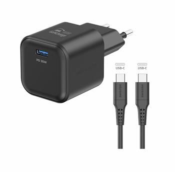 SWISSTEN SÍŤOVÝ ADAPTÉR GaN 1x USB-C 35W POWER DELIVERY ČERNÝ + DATOVÝ KABEL USB-C/USB-C 1,2 M ČERNÝ (22070230)