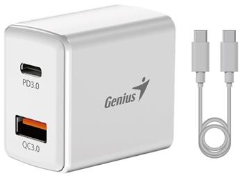 Genius PD-20ACP, Napájecí adaptér, univerzální, 20W, 1× USB-C, 1× USB, PD 3.0, QC 3.0, bílý + 1m USB-C kabel (32590009400)